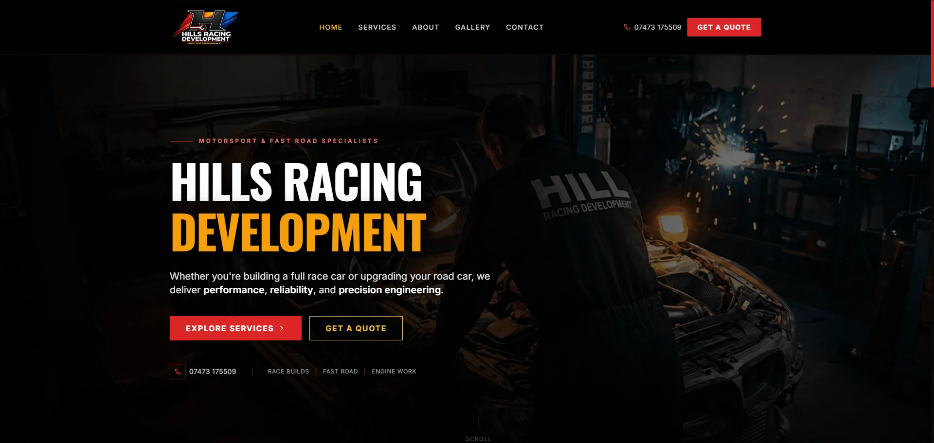 Hills Racing Development website homepage, motorsport and fast road specialists