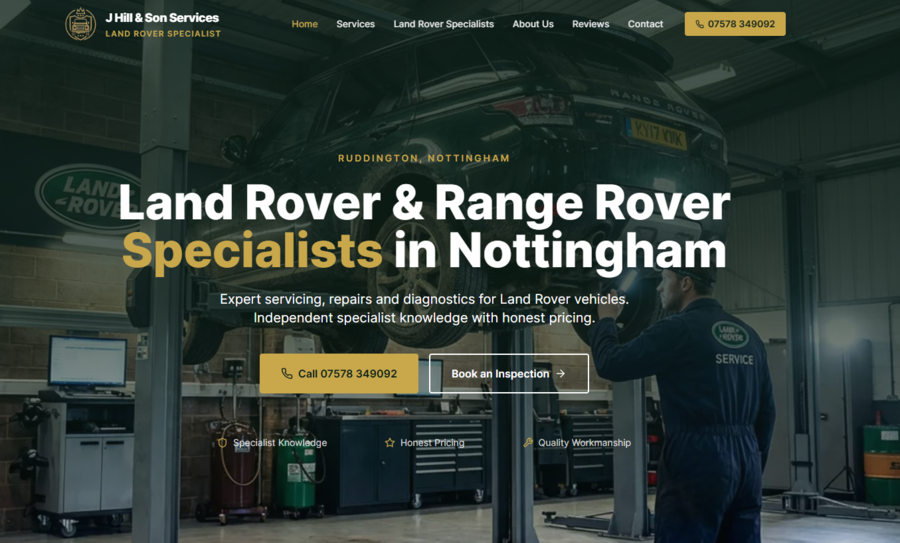 J Hill and Son Services website homepage, independent Land Rover specialist in Nottingham