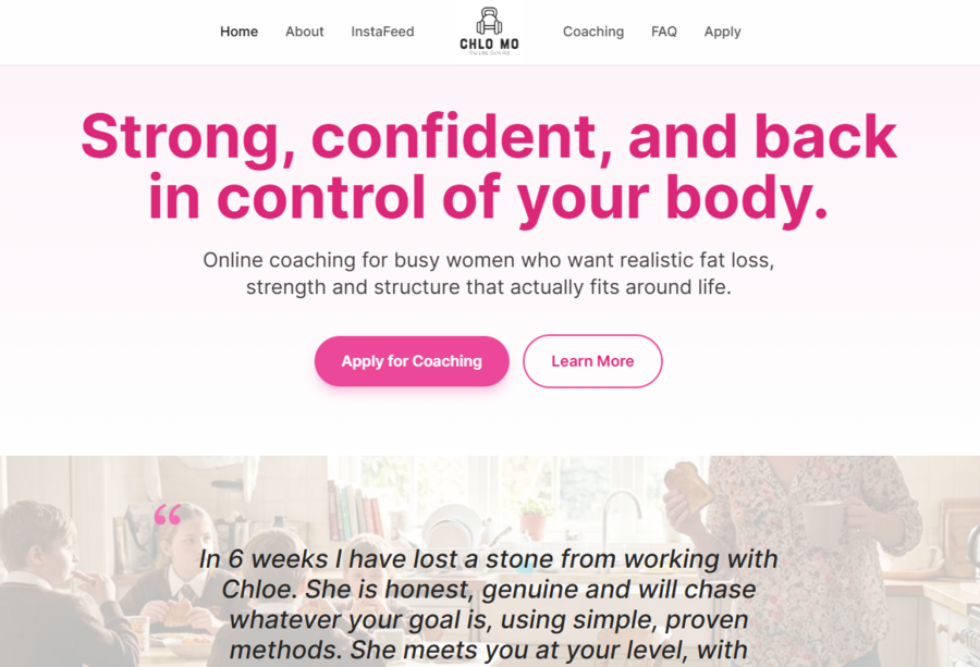 Chlo Mo Fitness website homepage, online personal trainer