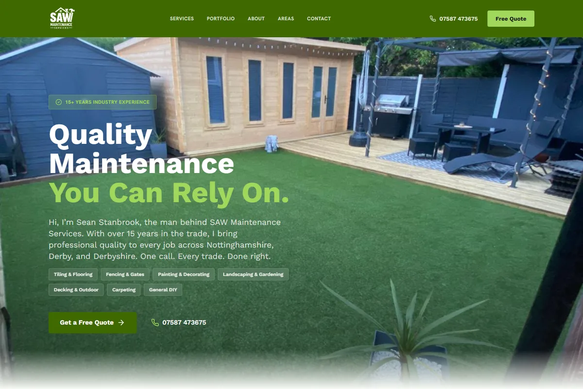 SAW Maintenance Services website homepage, property maintenance across Nottinghamshire