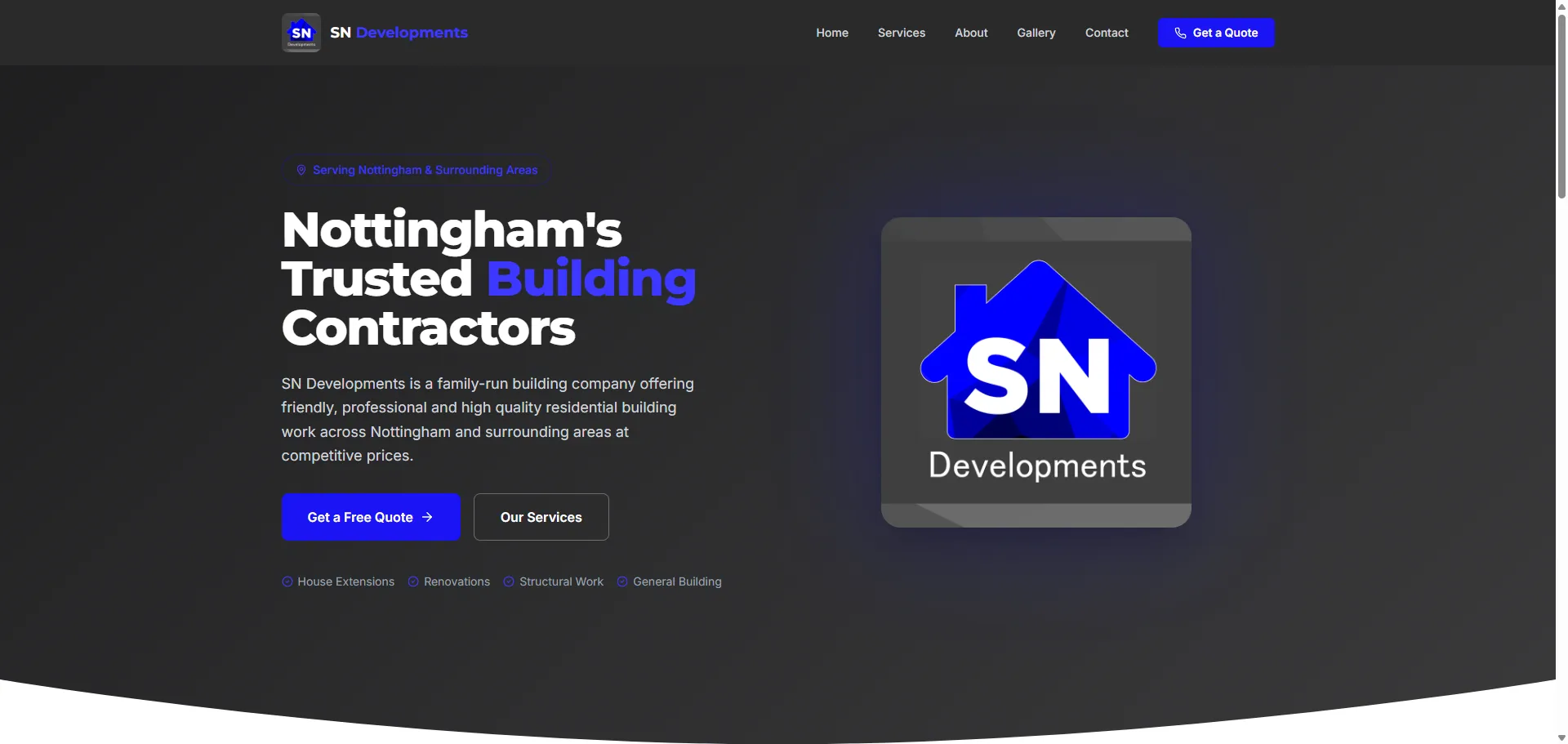 SN Developments website homepage, building contractors in Nottingham