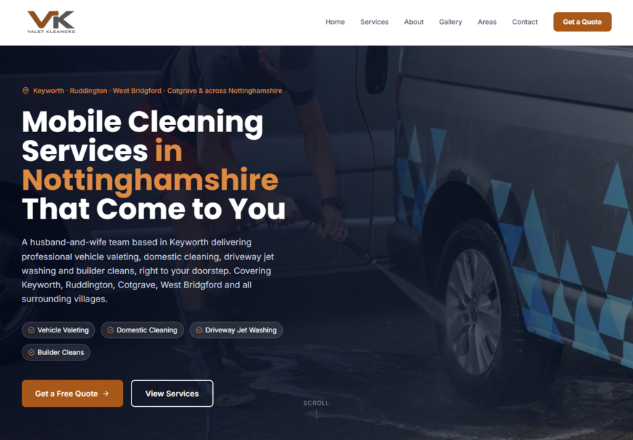 Valet Kleaners website homepage, mobile cleaning services in Keyworth