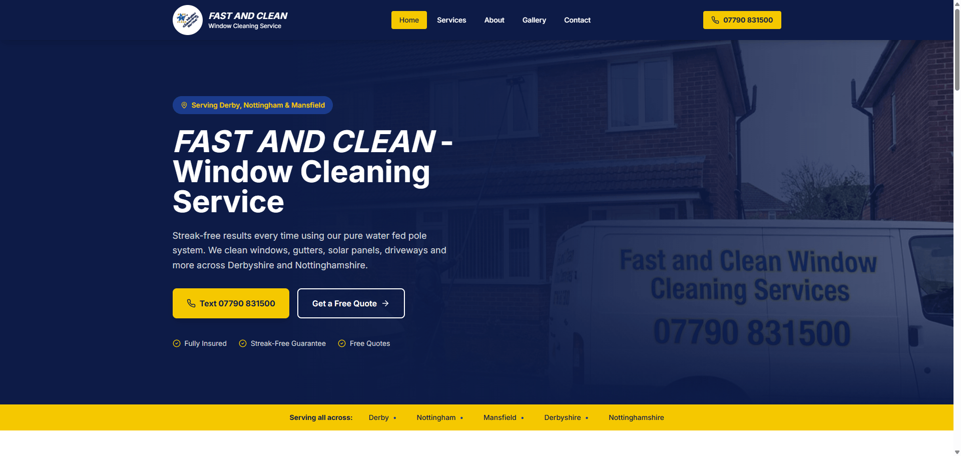 Fast and Clean Window Cleaning website homepage, exterior cleaning in Derby